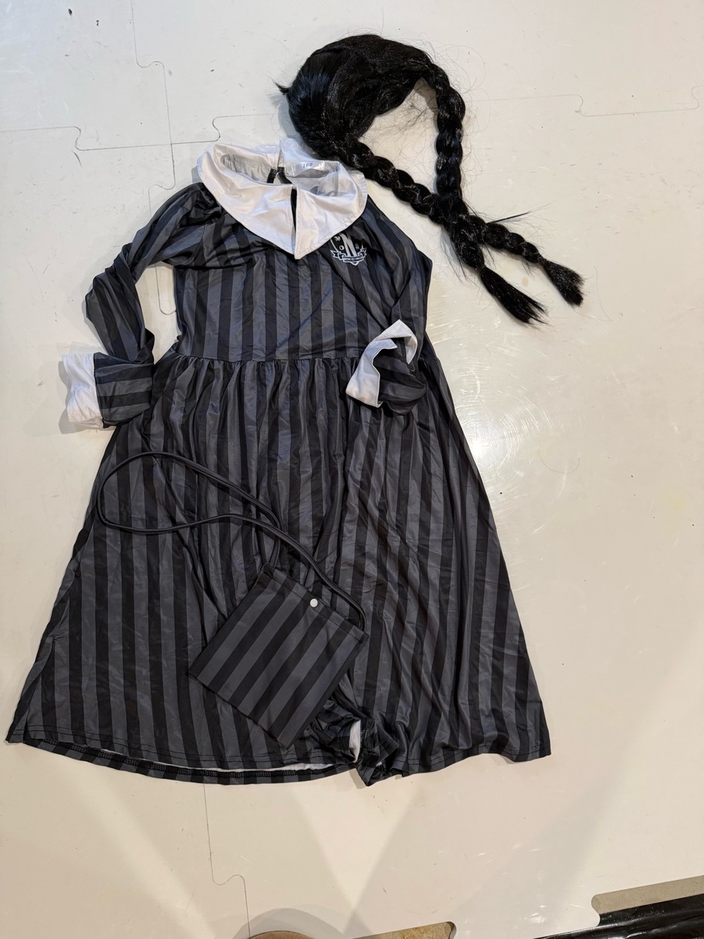 Girls' Black & Gray Striped Costume Dress with White Collar